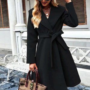 Classy Double Button Belted Overcoat shacket jacket coat black